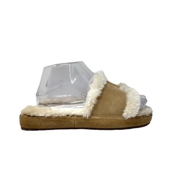 Minnetonka Suede Leather Faux Fur Open Toe Slippers Slides Tan Womens Size 7 - Picture 3 of 9